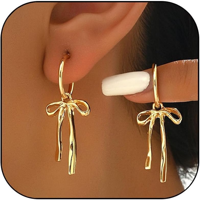 Celvieroot Gold Bow Earrings for Women Gold Bow Ribbon Hoop Earrings Drop Dangle Bow Tie Earrings Long Bow Ribbon Tassel Earrings Trendy Earrings for Women 2025 Christmas New Year Gifts